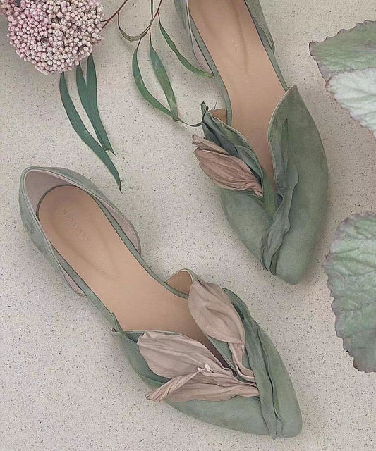 Hellgrüne flache Schuhe aus Wildleder, bequemes Spleißen, spitze Zehenpartie