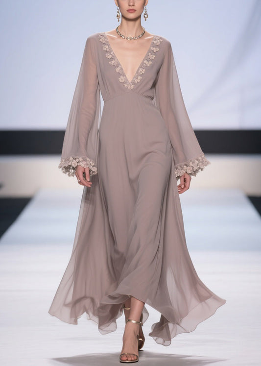 Light Grey Lace High Waist Solid Chiffon Robe Dresses V Neck