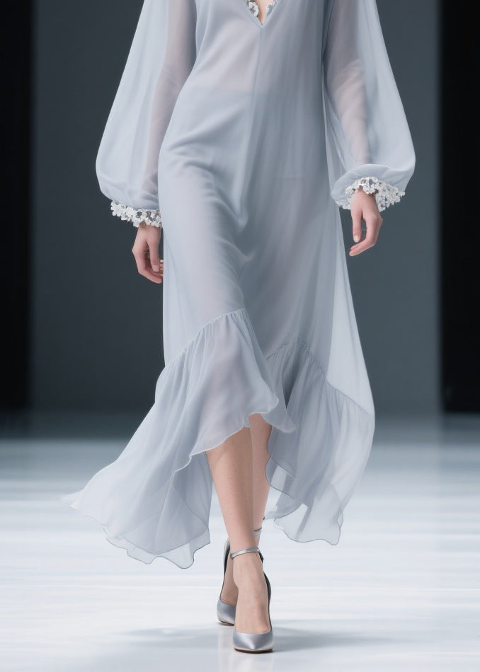 Light Grey Lace Solid Chiffon Maxi Dresses V Neck Spring