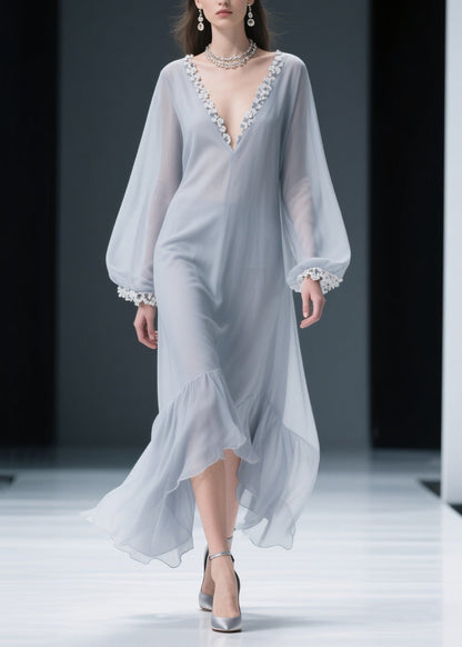 Light Grey Lace Solid Chiffon Maxi Dresses V Neck Spring