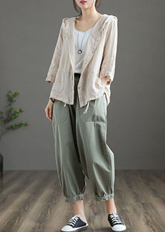 Helle Khaki Taschen Patchwork Leinen Kapuzenmantel Knopf Sommer