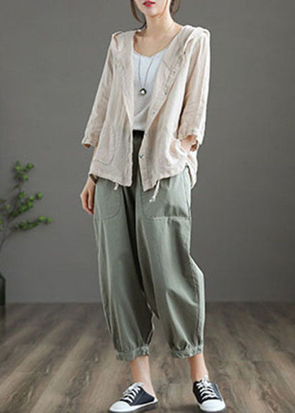 Helle Khaki Taschen Patchwork Leinen Kapuzenmantel Knopf Sommer