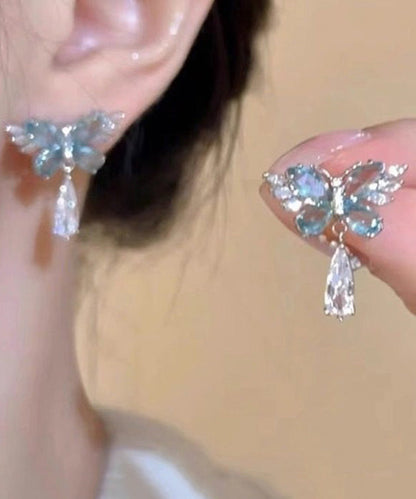 Light Luxury Blue Crystal Butterfly Metal Stud Earrings