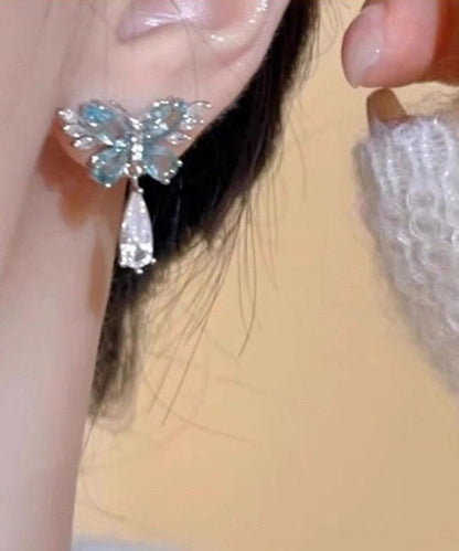 Light Luxury Blue Crystal Butterfly Metal Stud Earrings