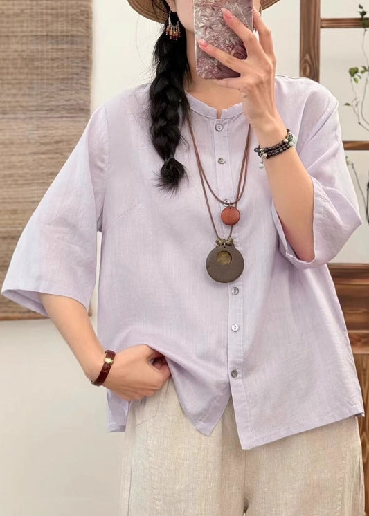 Light Purple Button Side Open Cotton Blouses O Neck Fall