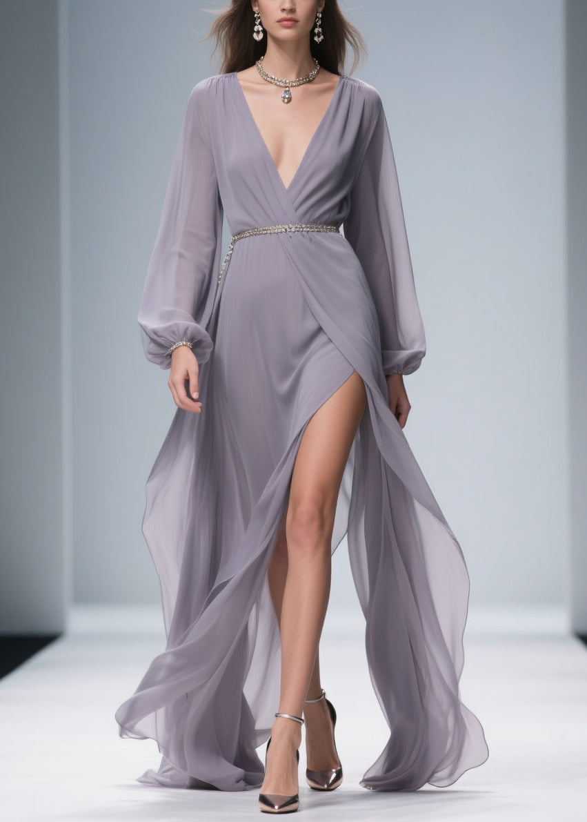 Light Purple Wrinkled Side Open Chiffon Ankle Dress V Neck