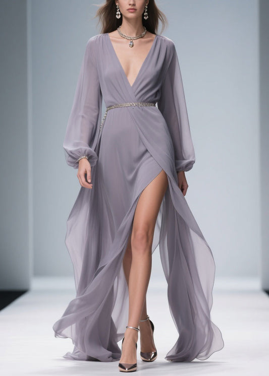 Light Purple Wrinkled Side Open Chiffon Ankle Dress V Neck