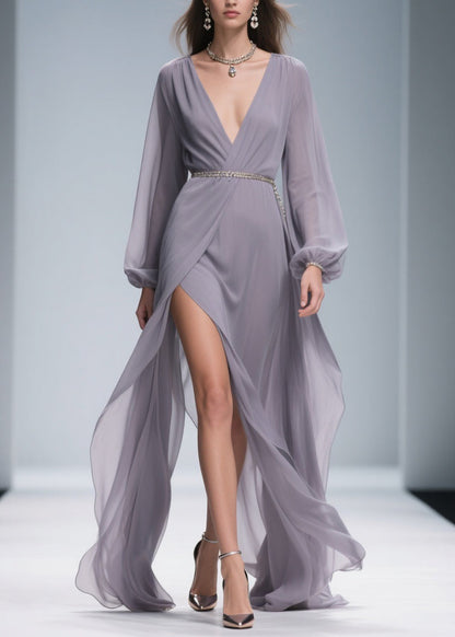 Light Purple Wrinkled Side Open Chiffon Ankle Dress V Neck
