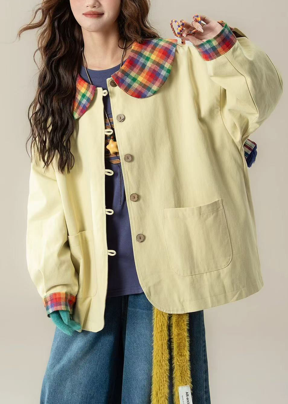 Chaquetas de algodón con patchwork amarillo claro y bolsillos extragrandes para primavera