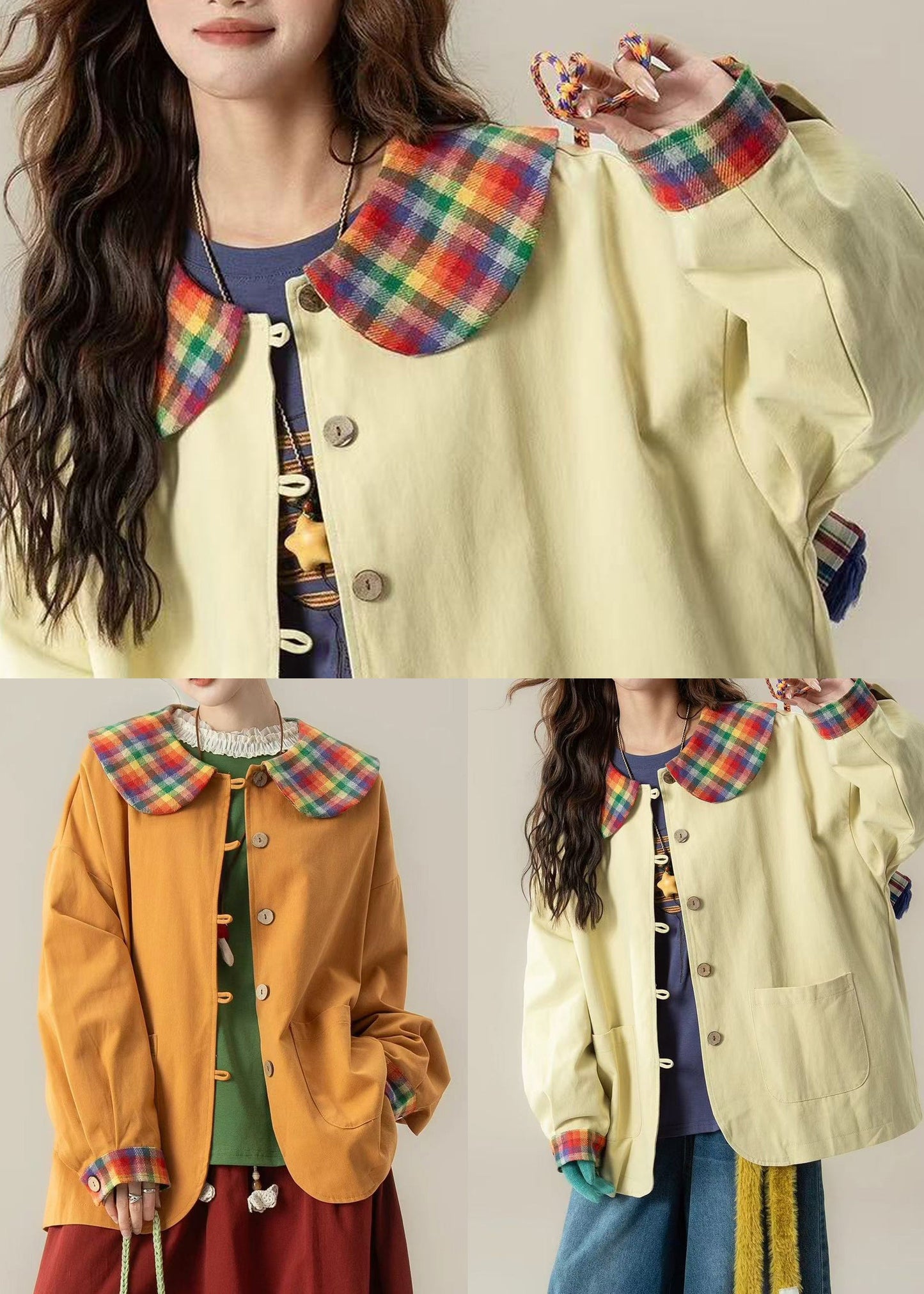 Chaquetas de algodón con patchwork amarillo claro y bolsillos extragrandes para primavera