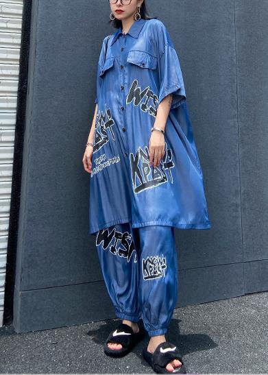 Lightweight and cool summer blue suit women fashion  short sleeve + pants two-pieces - SooLinen