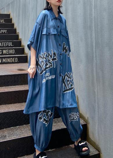 Lightweight and cool summer blue suit women fashion  short sleeve + pants two-pieces - SooLinen