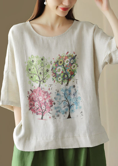 Linen Print Casual Cotton T Shirt O Neck Summer