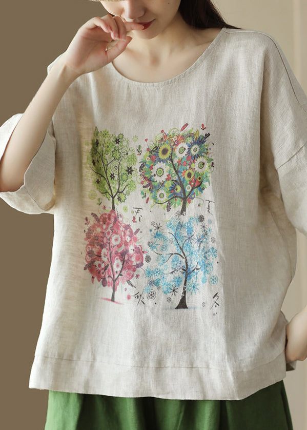 Linen Print Casual Cotton T Shirt O Neck Summer