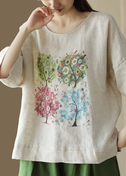 Linen Print Casual Cotton T Shirt O Neck Summer