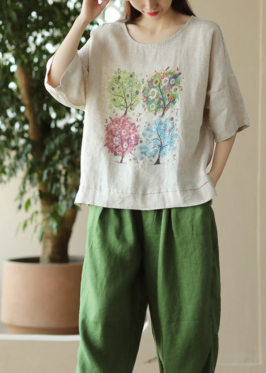 Linen Print Casual Cotton T Shirt O Neck Summer
