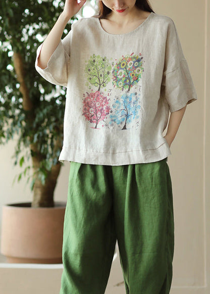 Linen Print Casual Cotton T Shirt O Neck Summer