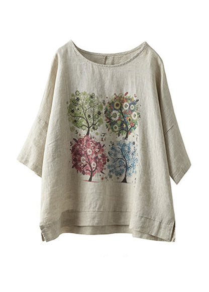 Linen Print Casual Cotton T Shirt O Neck Summer