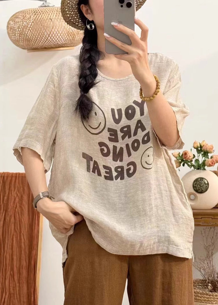 Linen Print Side Open Linen Summer Shirt O Neck