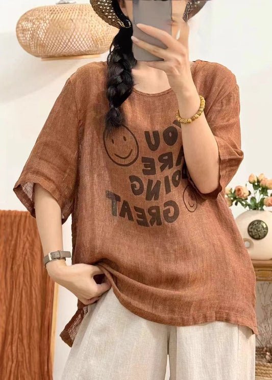 Linen Print Side Open Linen Summer Shirt O Neck