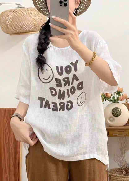 Linen Print Side Open Linen Summer Shirt O Neck