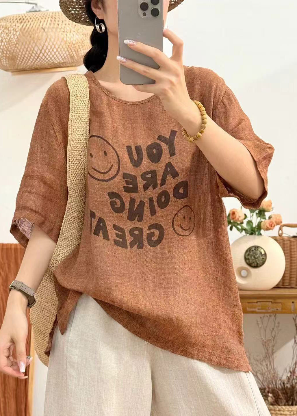 Linen Print Side Open Linen Summer Shirt O Neck