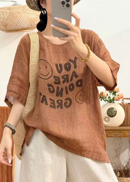 Linen Print Side Open Linen Summer Shirt O Neck