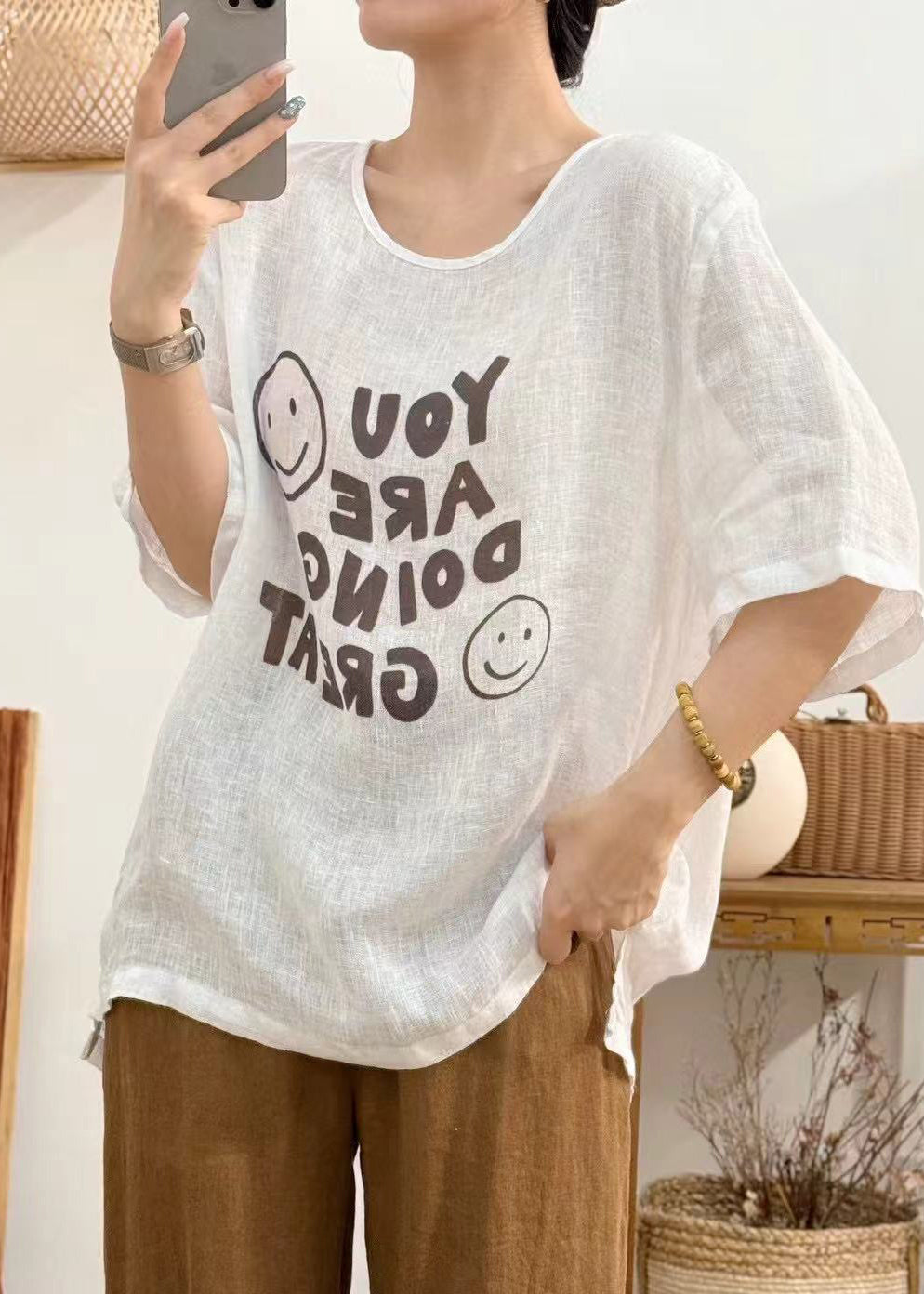 Linen Print Side Open Linen Summer Shirt O Neck