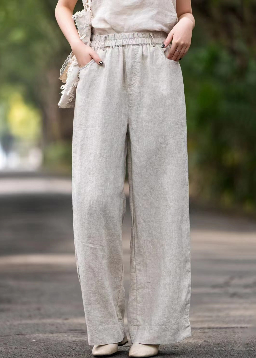 Linen Solid Pockets Linen Summer Wide Leg Pants Elastic Waist