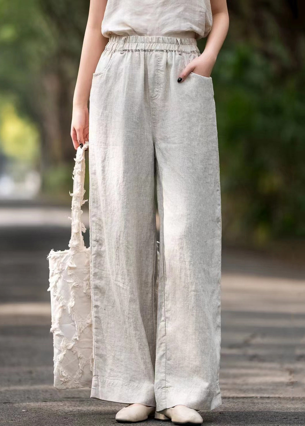 Linen Solid Pockets Linen Summer Wide Leg Pants Elastic Waist