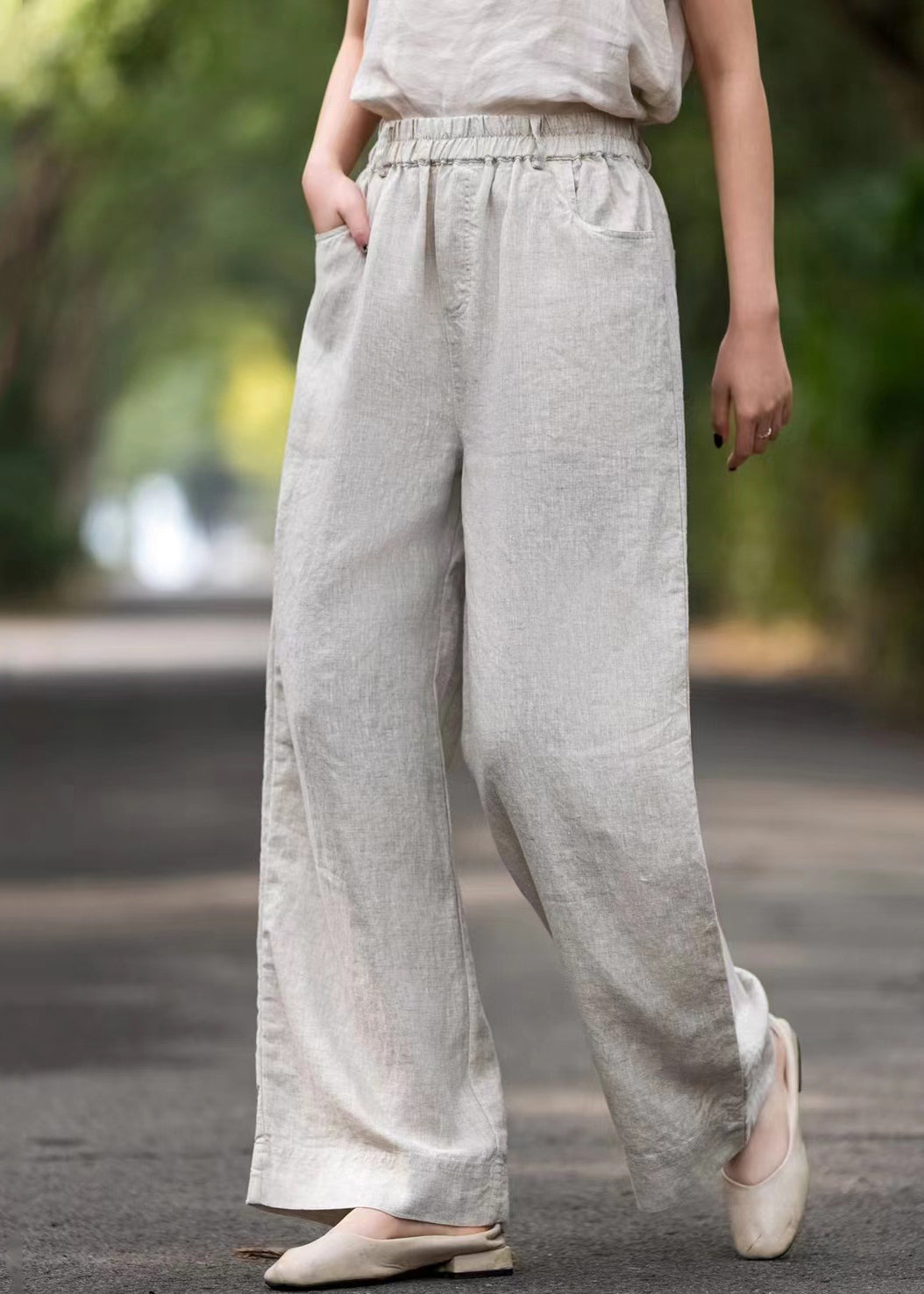 Linen Solid Pockets Linen Summer Wide Leg Pants Elastic Waist