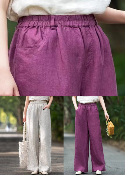 Linen Solid Pockets Linen Summer Wide Leg Pants Elastic Waist