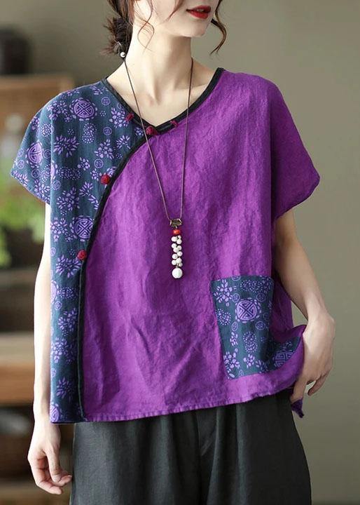 Linen Women Purple Stitching Floral Vintage Short Sleeve T-shirt - SooLinen