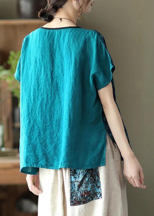 Linen Women Purple Stitching Floral Vintage Short Sleeve T-shirt - SooLinen