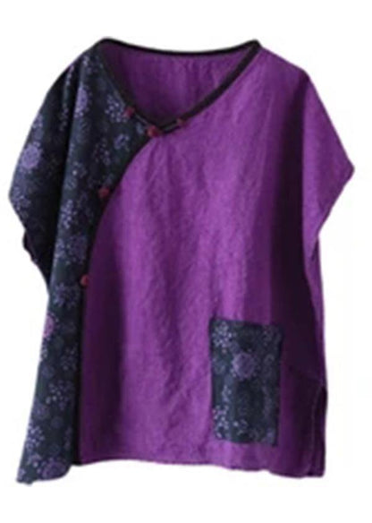 Linen Women Purple Stitching Floral Vintage Short Sleeve T-shirt - SooLinen