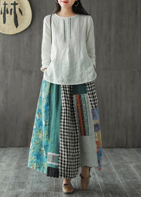Linen contrast color stitching skirt female spring new retro literary loose elastic waist skirt - SooLinen