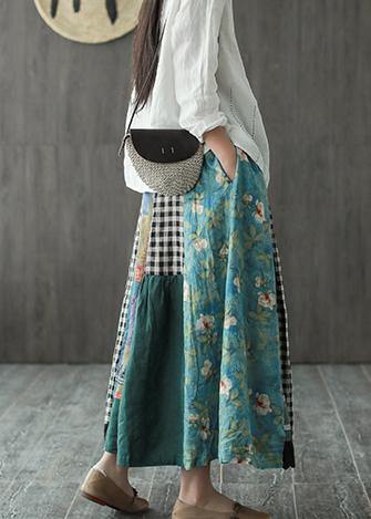 Linen contrast color stitching skirt female spring new retro literary loose elastic waist skirt - SooLinen