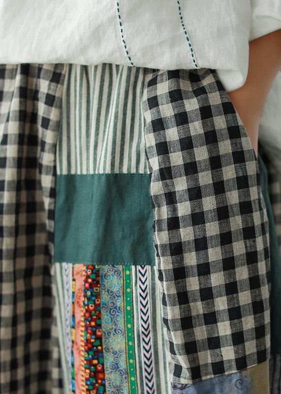 Linen contrast color stitching skirt female spring new retro literary loose elastic waist skirt - SooLinen