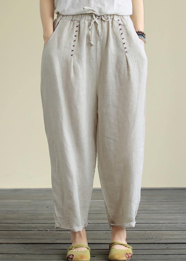 Literary Beige Large Size Elastic Waist Hemp Cropped Pants - SooLinen