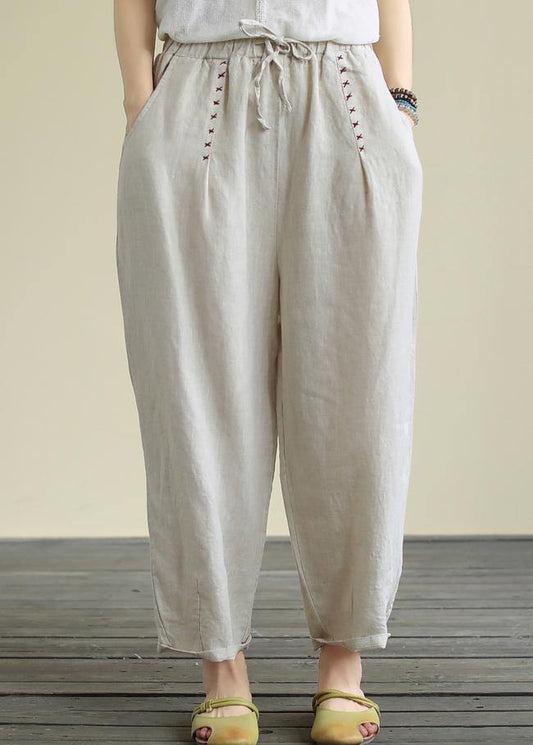 Literary Beige Large Size Elastic Waist Hemp Cropped Pants - SooLinen