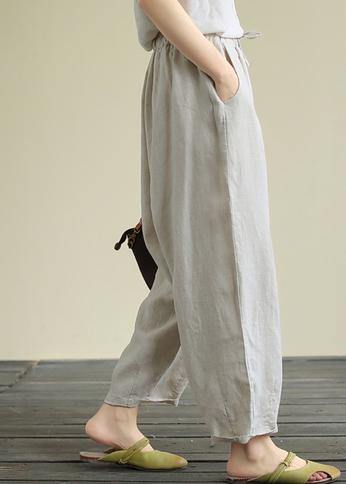 Literary Beige Large Size Elastic Waist Hemp Cropped Pants - SooLinen