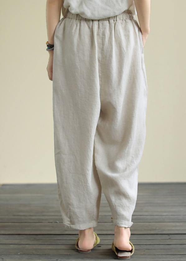 Literary Beige Large Size Elastic Waist Hemp Cropped Pants - SooLinen