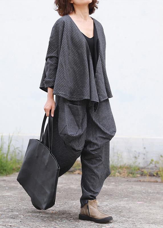 Literary Fan Autumn Lady Grey Woolen Set Short Jacket + Irregular Casual Pants - SooLinen