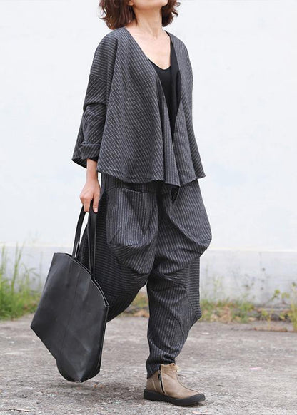 Literary Fan Autumn Lady Grey Woolen Set Short Jacket + Irregular Casual Pants - SooLinen