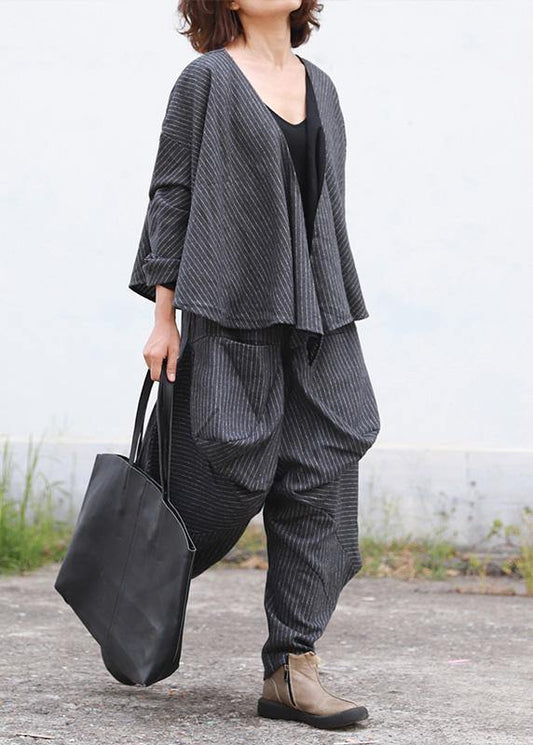 Literary Fan Autumn Lady Grey Woolen Set Short Jacket + Irregular Casual Pants - SooLinen