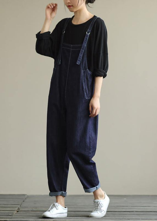 Literary loose denim plus size suspenders adjustable casual cropped trousers - SooLinen