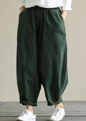 Literary loose green color wild large size elastic waist nine-point harem pants - SooLinen
