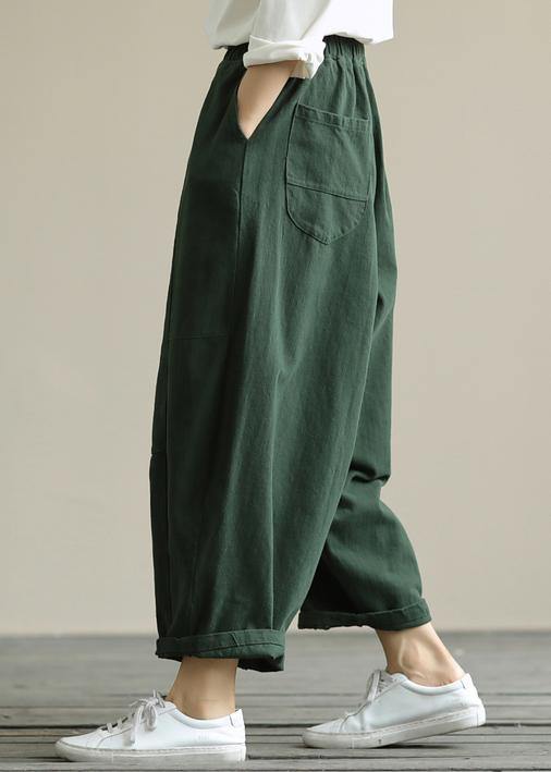 Literary loose green color wild large size elastic waist nine-point harem pants - SooLinen
