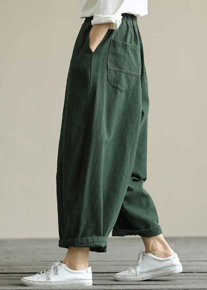 Literary loose green color wild large size elastic waist nine-point harem pants - SooLinen