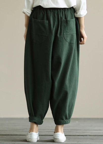 Literary loose green color wild large size elastic waist nine-point harem pants - SooLinen